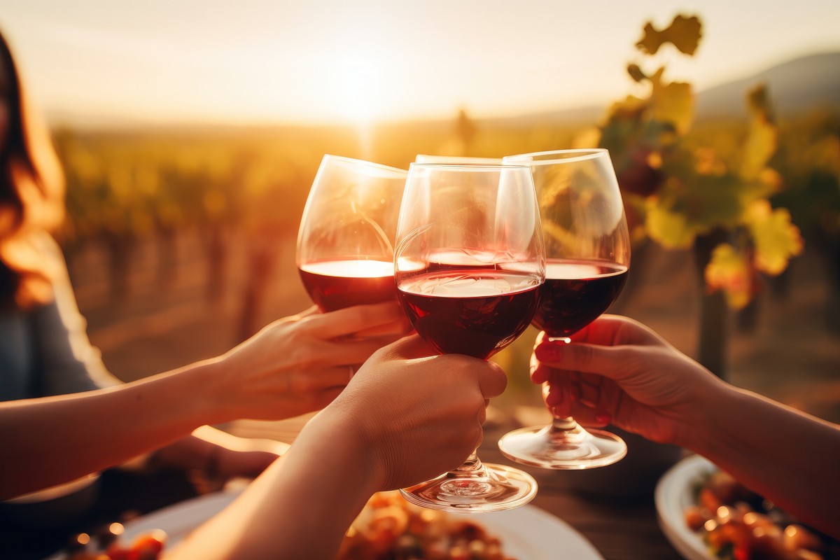 Personen stoßen mit Weingläsern auf einen Weingut an - abendliche Stimmung