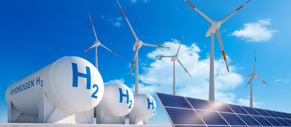Windturbinen, Sonnenkollektoren und Wasserstoffgastanks