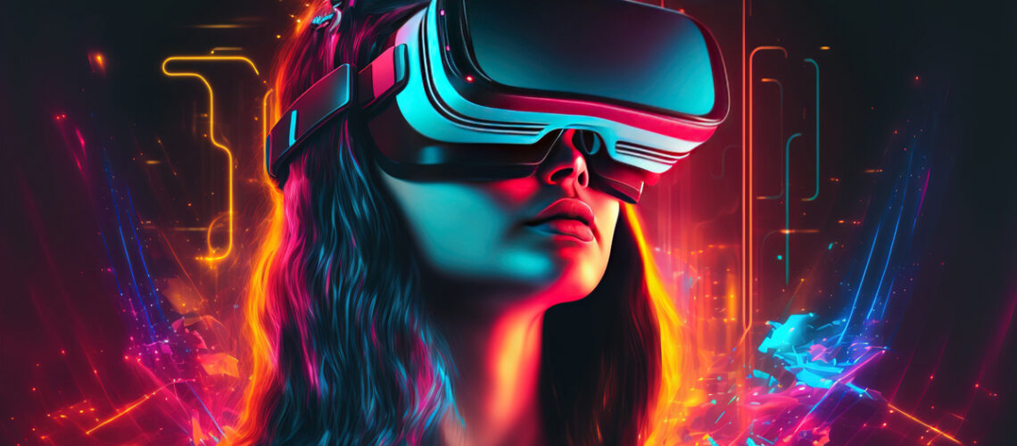 Junge Frau mit Virtual-Reality-Brille auf dunklem Hintergrund. Generiert mit KI